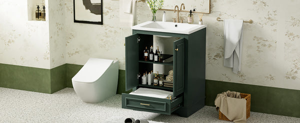English Elm 24'' Bathroom Vanity with Ceramic Sink Combo Modern Freestanding MDF Cabinet with Soft-Close Doors and Sleek Silver Handles for Spacious Organized Bathroom Storage Green N710P194893F