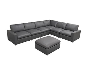 English Elm Leather Match Modular Sectional Sofa with Top Grain Upholstery for Open Living Rooms Blue Gray B2748S00171