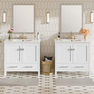 English Elm 72" White Bathroom Vanity Set with Dual Ceramic Sinks, Soft-Close Doors, Divided Drawers & Ample Storage, Solid Wood Frame, Easy Plumbing Access N729P000006K