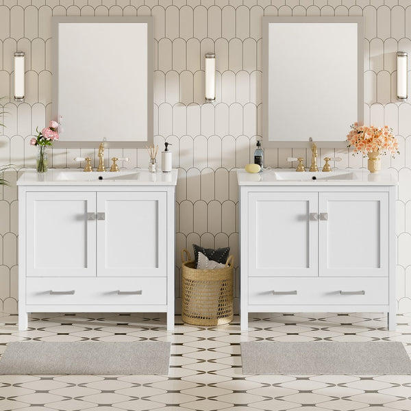 English Elm 72" White Bathroom Vanity Set with Dual Ceramic Sinks, Soft-Close Doors, Divided Drawers & Ample Storage, Solid Wood Frame, Easy Plumbing Access N729P000006K