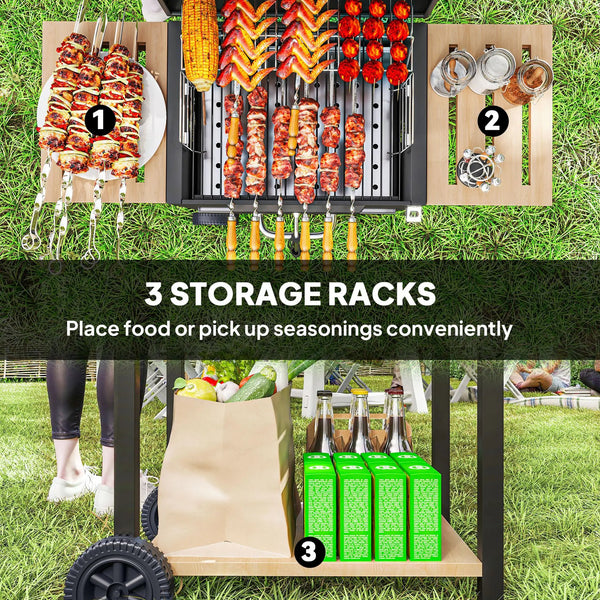 English Elm Charcoal Barrel Grill with Adjustable Heat Control and Enameled Grates for Backyard Cooking T3971P420788