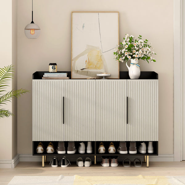 English Elm Sideboard,shoe Cabinet Four Door Entryway Organizer with Adjustable Shelves Modern Black W1321S00042