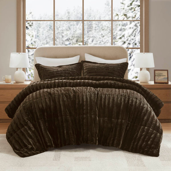 JLA Home Madison Park - Faux Faux Fur Comforter Mini Set with OEKO‑TEX Soft Plush Warmth, Machine Washable, Hotel-Style Chic Chocolate MP10-3068