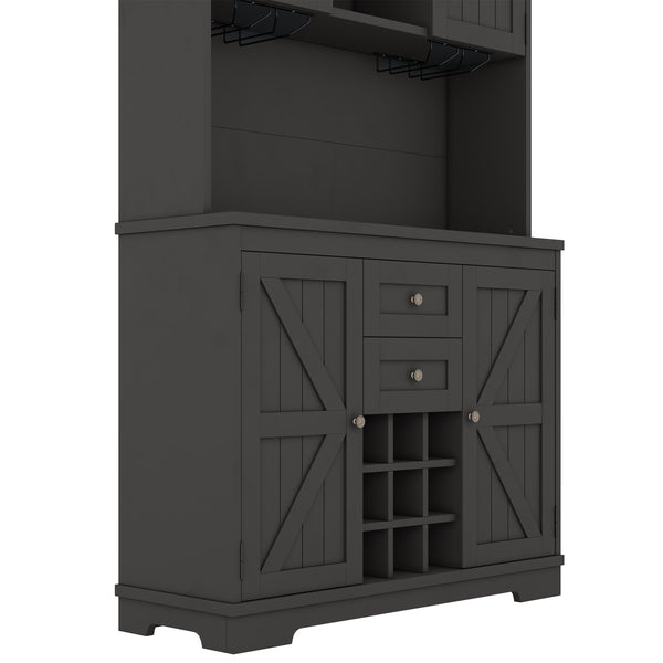 English Elm Coffee Bar Cabinet Dark Blue Farmhouse Buffet with Wine Cubbies, Stemware Rack, Drawers, Shelves & Prep Space Black W1580S00088