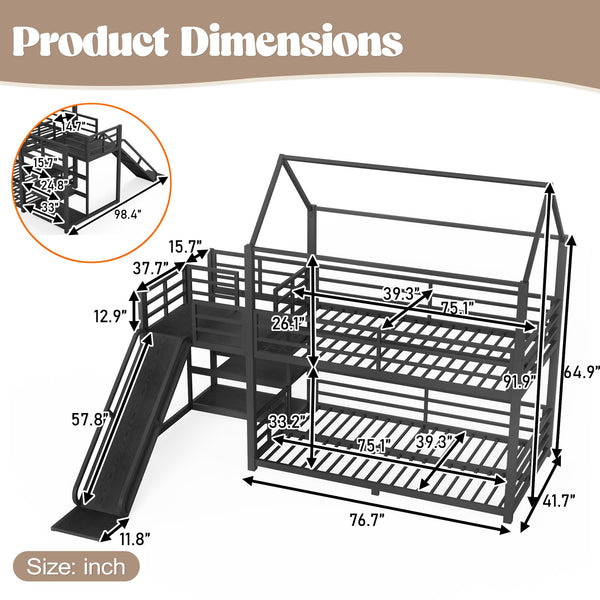 English Elm Twin House Bunk Bed with Slide Storage Stairs and Safety Rails for Kids Rooms W1580S00648