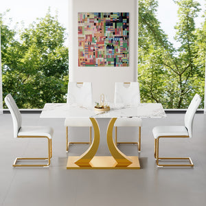 English Elm Marble-Veined Glass Dining Set: 63-Inch Transformable Table & 4 Ergonomic U-Shaped Armchairs, Modern Elegance W2920S00085