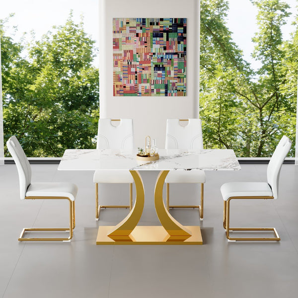 English Elm Marble-Veined Glass Dining Set: 63-Inch Transformable Table & 4 Ergonomic U-Shaped Armchairs, Modern Elegance W2920S00085