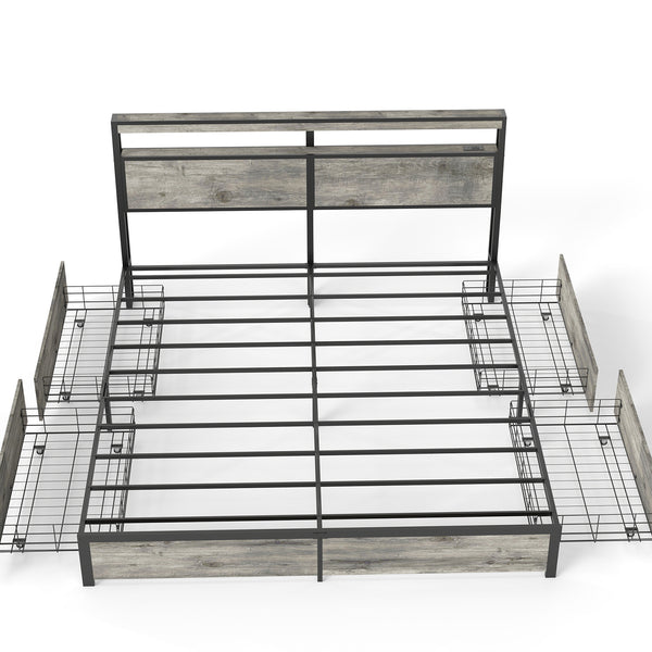 English Elm Queen Metal Platform Bed with Rgb Led Headboard Charging Station and Underbed Storage T3963P482853