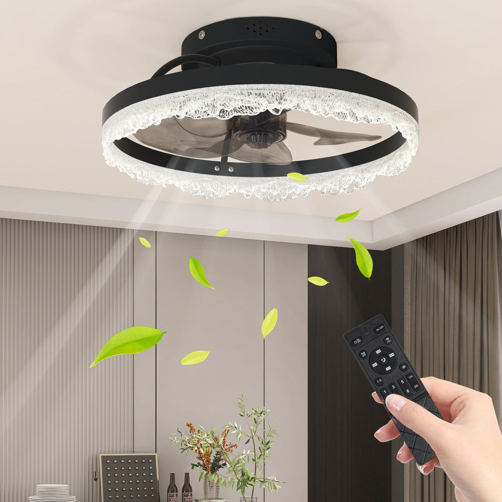 English Elm 16" Modern LED Ceiling Fan Light with Crystal Acrylic Ring, Hidden Blades, Remote & App Control, Dimmable Flush Mount Black W2312P368707