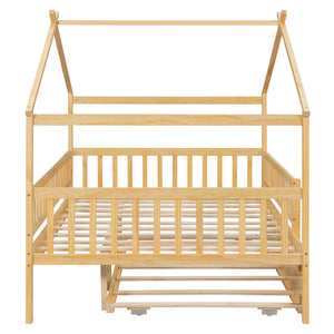 English Elm Full Size Pine House Bed with Roofline Frame and Roll Out Twin Trundle for Kids Natural LP100306AAN