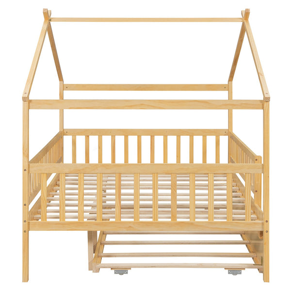 English Elm Full Size Pine House Bed with Roofline Frame and Roll Out Twin Trundle for Kids Natural LP100306AAN