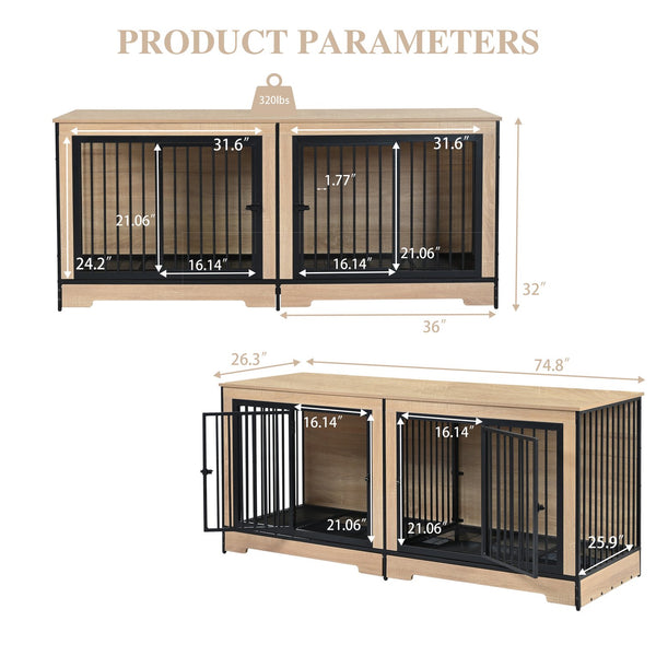 English Elm Dog Crate Furniture Double Compartment Mdf Wood Console for Two Large Breeds W420P348726