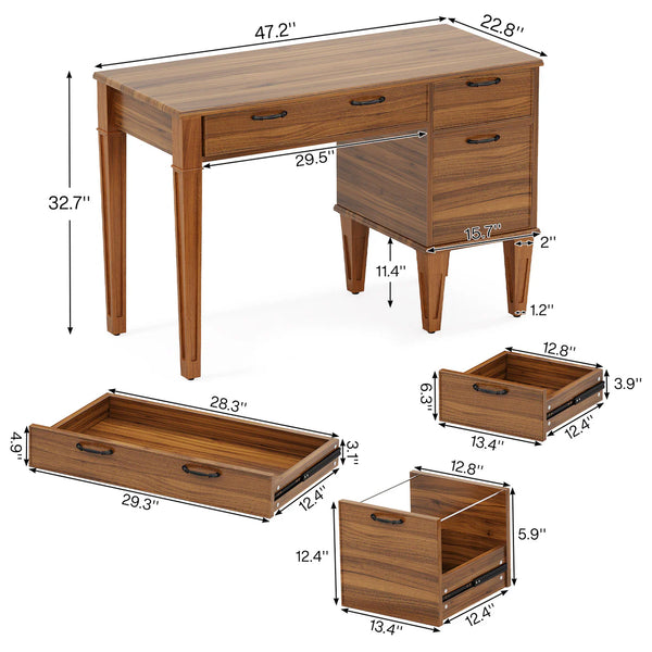 English Elm Classic Five Drawer Writing Desk with Round Metal Legs and White Engineered Wood Top T3971P459872