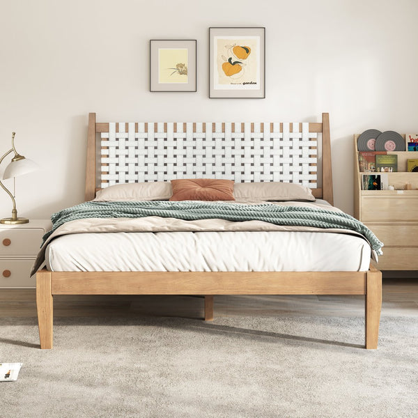 English Elm Christopher Knight Home® - Queen Upholstered Leather Headboard Bed Frame with Solid Wood Slats, Mid-Century Modern Support, No Box Spring Needed White+Natural N758D928283N