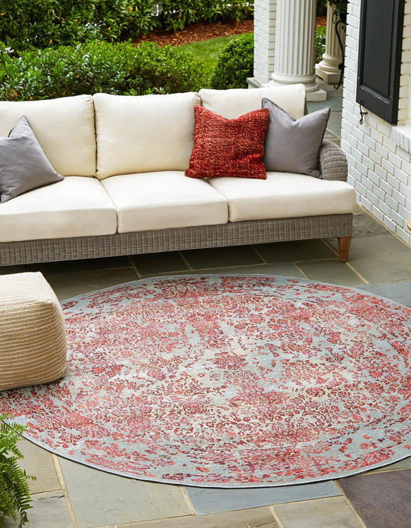 Unique Loom Outdoor Modern Vintage Machine Made Abstract Rug Light Blue, Red/Gray/Beige 8' 0" x 8' 0"
