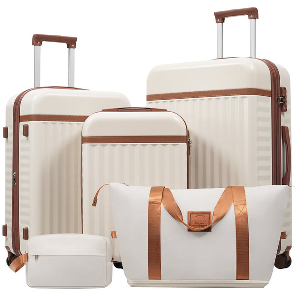 English Elm Luggage Set 5 Piece Abs Hardside Expandable Spinner Wheels Tsa Lock Travel Bags Brown+White N732P326115K