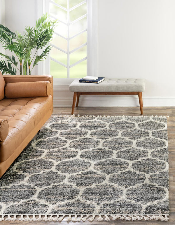 Unique Loom Hygge Shag Trellis Machine Made Trellis Rug Gray, Beige/Ivory 9' 0" x 12' 2"