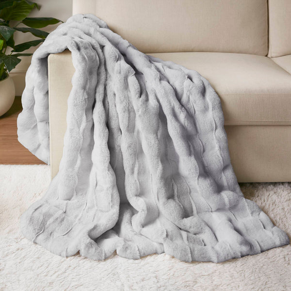 JLA Home Madison Park - Faux Faux Fur Throw Madison Park — Luxe basket-weave plush, Oeko‑Tex certified, machine washable comfort Light Grey MP50-8797