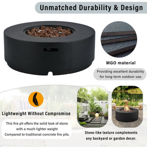 English Elm U_style Round Mgo Propane Fire Pit 50000 Btu Sculptural Outdoor Patio Table with Lava Rocks Black N711P410554B
