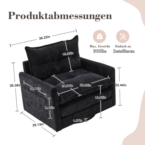English Elm UNITED Swivel Barrel Chair with Chenille Upholstery, 360° Smooth Rotation, Padded Arm Comfort and Side Pockets for Living Room Relaxation Black W1568P290088