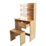 English Elm Vanity Desk Set Stool & Dressing Table With Led Lighting Mirror Drawer and Compartments Modern Wood Cosmetic Table Chest Of Drawers Nature Color