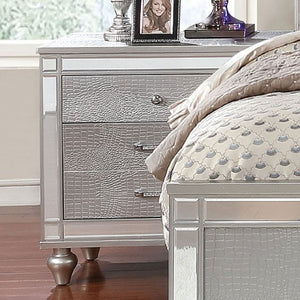 English Elm 2 Drawers Nightstand With Mirror Trim, Textured Silver Finish & Elegant Bun Feet For Modern Spaces B016P252337