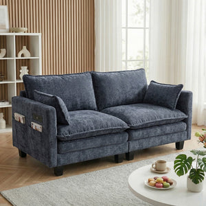 English Elm Modern Chenille Three Seat Sofa with Ottoman Usb Charging Ports and Storage Pockets Blue W2519S00004