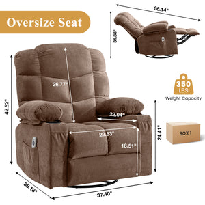 English Elm Oversized Swivel Recliner with Massage Heating Linen Upholstery and Usb Port Brown W1521P411662