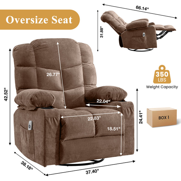 English Elm Oversized Swivel Recliner with Massage Heating Linen Upholstery and Usb Port Brown W1521P411662