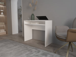English Elm Estill Melamine Desk with Storage White — Compact 35.1" W Workspace, Durable Modern Office Surface B128P227641