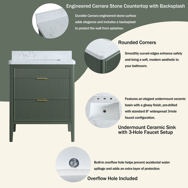 English Elm Fully Assembled 30'' Green Bathroom Vanity With Solid Wood & Engineered Marble Top - Elegant Storage Solution W1826P308974