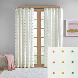 JLA Home Intelligent Design - Cotton Jacquard Pom-Pom Curtain Panel — OEKO-TEX 100% Cotton, Colorful Pom Accents, Machine Washable ID40-1772