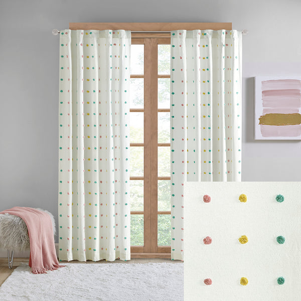 JLA Home Intelligent Design - Cotton Jacquard Pom-Pom Curtain Panel — OEKO-TEX 100% Cotton, Colorful Pom Accents, Machine Washable ID40-1772
