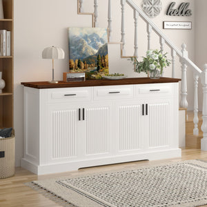 English Elm 63" Fluted Sideboard Buffet Cabinet with Coffee Bar Storage, 4 Doors 3 Drawers, Smooth Silent Slides White W2917P319113