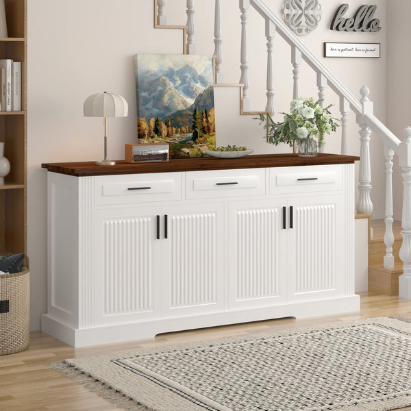 English Elm 63" Fluted Sideboard Buffet Cabinet with Coffee Bar Storage, 4 Doors 3 Drawers, Smooth Silent Slides White W2917P319113