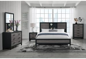 English Elm SOLUTO Urban Farmhouse Bookcase Bed with Rustic Gray Wood Inlay, Solid Wood & MDF Construction, Sleek Storage Headboard Grey and Black Queen B201S00282