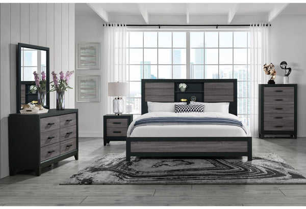 English Elm SOLUTO Urban Farmhouse Bookcase Bed with Rustic Gray Wood Inlay, Solid Wood & MDF Construction, Sleek Storage Headboard Grey and Black Queen B201S00282