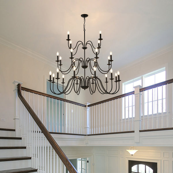 English Elm Farmhouse 24 Light Black Metal Chandelier for High Ceiling Dining and Living Rooms W5008P391535