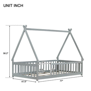 English Elm Twin Tent-Shaped Floor Bed With Guardrails, Grey Teepee Design For Safe Playful Sleep & Comfort W504P345774-GIGA