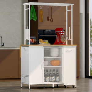 English Elm Kitchen Island with Flip up Breakfast Bar Solid Wood Top Cabinet Shelves and Hooks W2167P210778