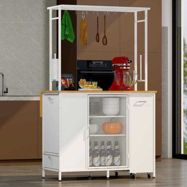 English Elm Kitchen Island with Flip up Breakfast Bar Solid Wood Top Cabinet Shelves and Hooks W2167P210778