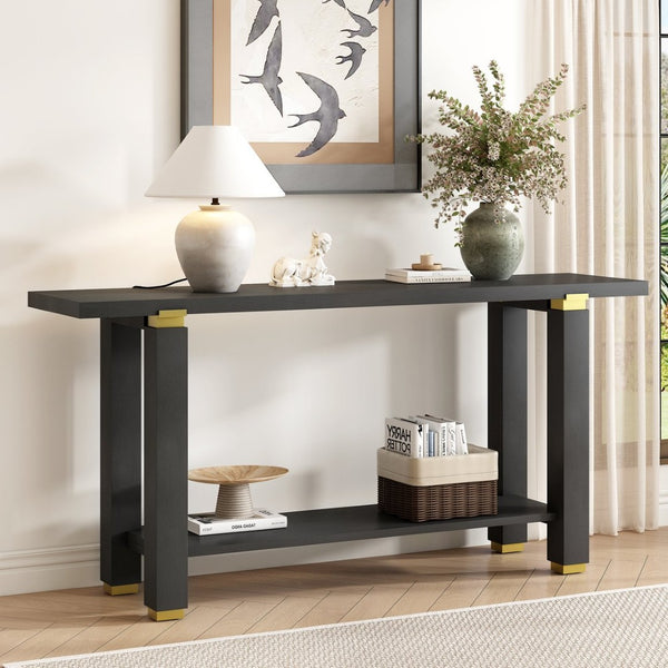English Elm U_Style 62.9" Modern Minimalist Console Table With Solid Wood & Metal Accents, Ideal For Entryways N711P289140B-GIGA