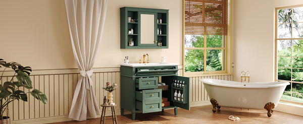 English Elm 36'' Modern Bathroom Vanity with Mirror Cabinet and Sink, Spacious Storage, Soft-Close Doors & Drawers Green SW000134AAF-3