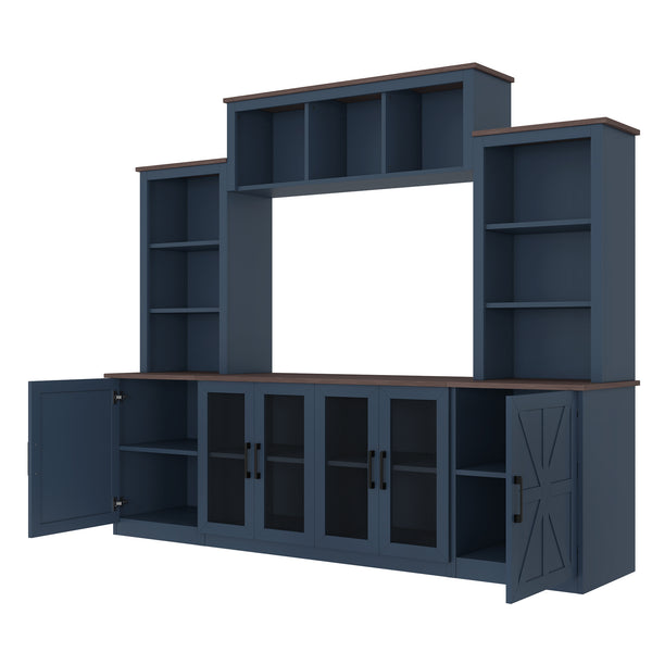 English Elm Wall Unit Entertainment Center with Built in Charging Mdf Media Console Open Shelving Blue W1580S00437