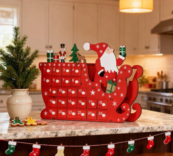 English Elm Reusable Wooden Christmas Advent Calendar with 24 Drawers Santa Sleigh Mdf Decor T3971P417186