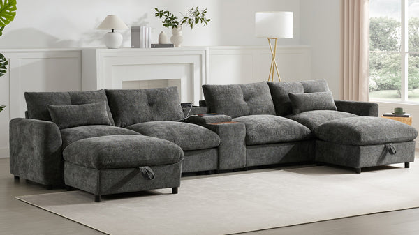 English Elm 142'' Modular Sectional Sofa - 6 Seats, Movable Ottoman, Usb Charging, Chic Chenille Style N723S9777E-GIGA