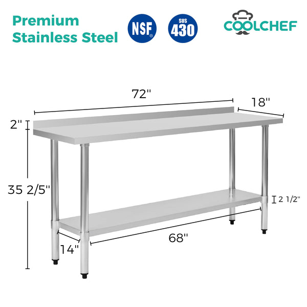 English Elm 18" X 72" Stainless Steel Nsf Prep Table with Backsplash and Storage Undershelf W3629P365465
