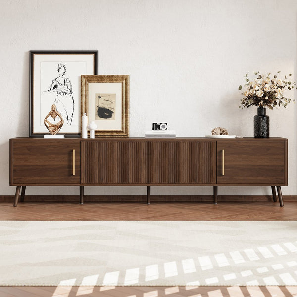 English Elm 78 Inch Walnut Entertainment Center Fluted Doors Solid Wood Legs for Living Room N710P372559P