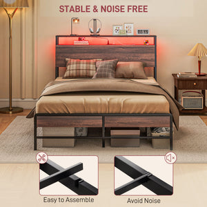 English Elm HOMCOM Full Size Bed Frame with LED RGB Headboard, Built-In Charging Station and 3-Tier Shelf Walnut W2225P249911