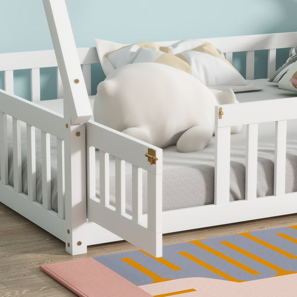 English Elm Full Size Tent-Shaped Floor Bed In White - Rubberwood Frame With Guardrails, Slats & Cozy Door W504P345787